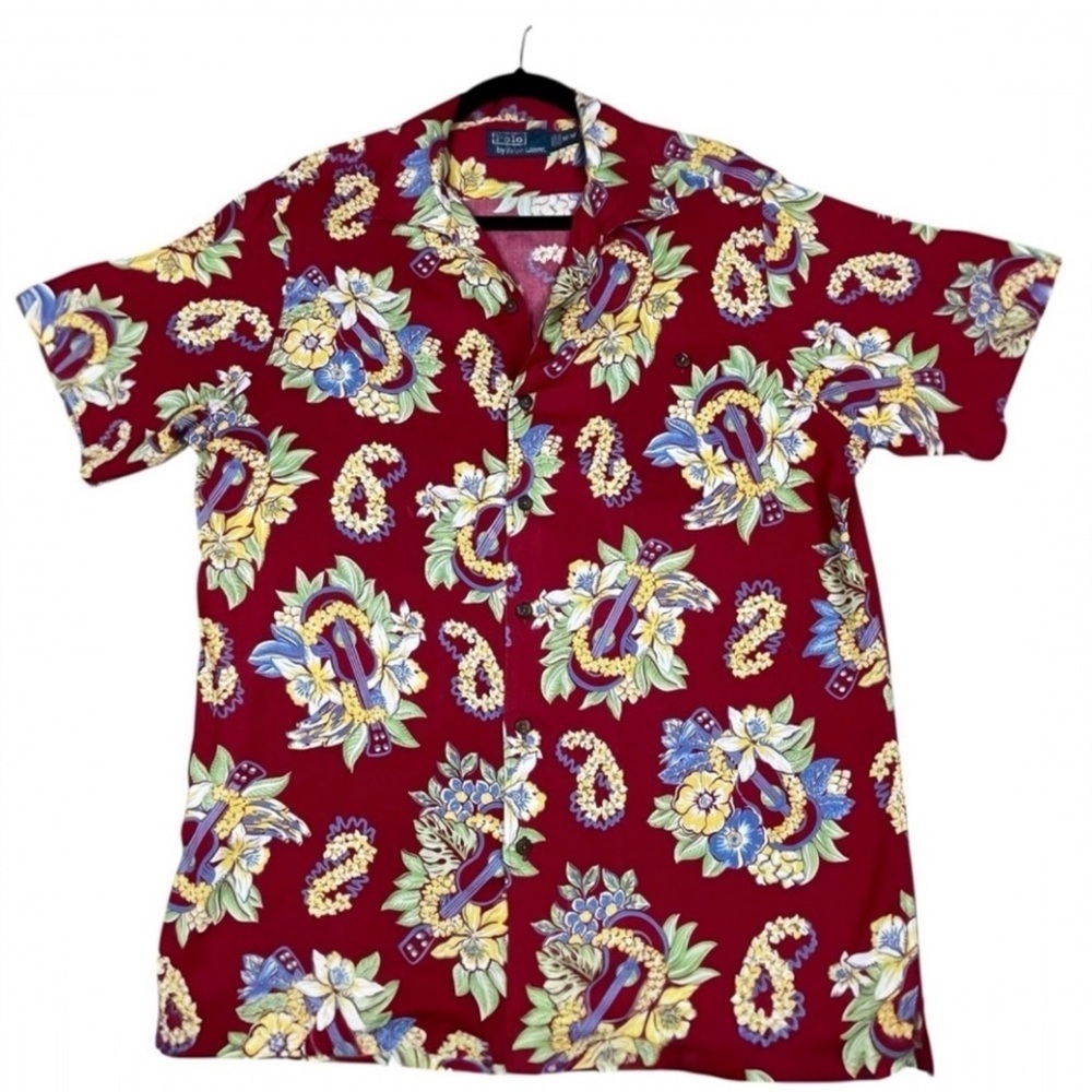 Polo Ralph Lauren Floral Lei Ukulele Hawaiian Preppy Summer Fun Camp Shirt  Sz M
